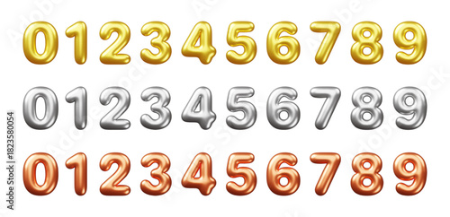 Realistic 3d metal numbers. Silver, gold and copper signs, steel helium balloons, decorative birthday party typography, rounded shapes, metallic celebration elements, classy vector isolated set