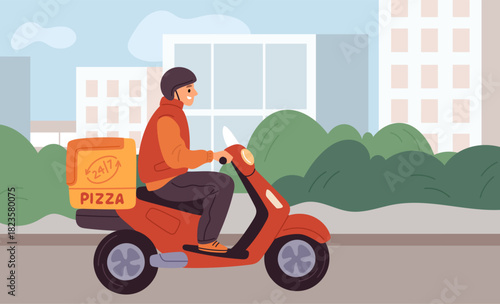 Pizza delivery guy. Man on scooter rides through city, fast food in trunk, motorcycle, round clock delivery service, courier rides motorbike cartoon flat isolated garish vector concept