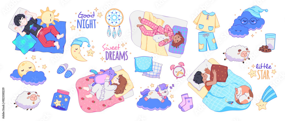Fototapeta premium Good night cute elements. Sleeping little children, funny kids in beds, boys, girls in pajamas with soft toys, happy dream kawaii baby character, cartoon flat isolated tidy vector set