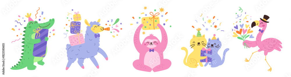 Naklejka premium Cute party animals. Funny holiday fauna characters with gifts, poppers, confetti and bouquet, kids birthday celebrations, sloth, kitty and crocodile, cartoon isolated garish vector set