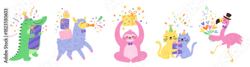 Cute party animals. Funny holiday fauna characters with gifts, poppers, confetti and bouquet, kids birthday celebrations, sloth, kitty and crocodile, cartoon isolated garish vector set