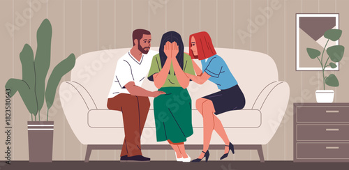 Consoling crying person. Friends support woman in tears, sad depressed person, negative emotions, trying to comfort, hugging, mental health, cartoon flat isolated nowaday vector concept
