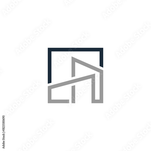Modern minimalist logo icon with a gray abstract architectural outline inside a dark square frame, representing real estate or construction