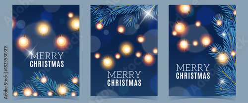 Christmas garlands cards. Realistic winter background blue fir tree branches, vertical posters collection, merry xmas celebration, invitation and greeting postcard. Vector set