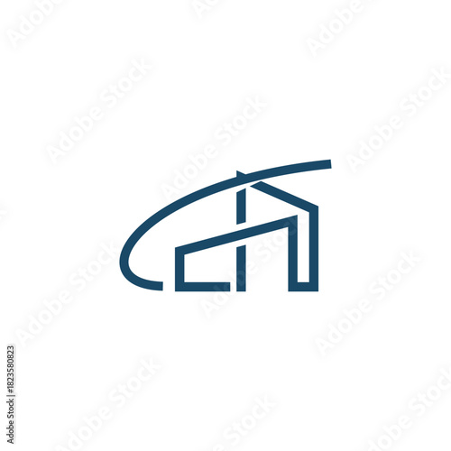 Abstract line art logo of a house or building with a dynamic swoosh, representing real estate, architecture, or technology concepts