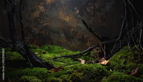 Deep forest moss texture with dark green-black organic patterns softly illuminated by minimal light, revealing subtle natural details and creating a mysterious atmospheric surface perfect for backgrou