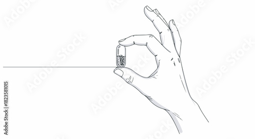 Hand holding medical capsule pill line art sketch for health and pharmacy content on white background