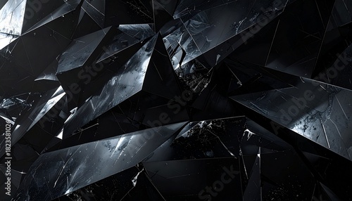 Dark obsidian glass texture with fractured reflections and sharp shadow geometry, creating a mysterious, dramatic, and sophisticated visual effect, ideal for background designs, abstract art, architec