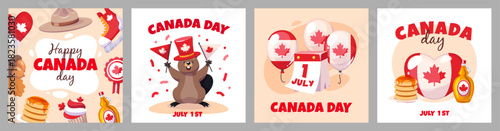 Canada day cards. National holiday celebrating, 1 july, traditional symbols, food, animals, red maple leaf, north america, invitation banner design, classy vector cartoon isolated set