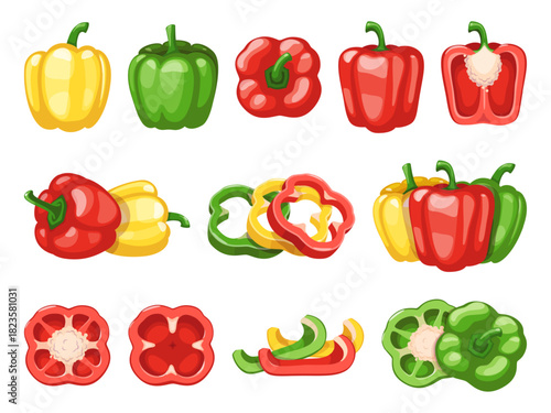 Cartoon bell pepper. Bright juicy vegetables, sweet red yellow and green, whole, halved and cut, fresh organic farm food, cooking seasoning ingredient, classy vector isolated set