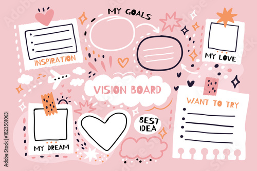Blank vision board. Mood and dreams notes template, to do list, goals planner, inscriptions place, notebook sheet template, doodle collage style, cartoon flat isolated garish vector set
