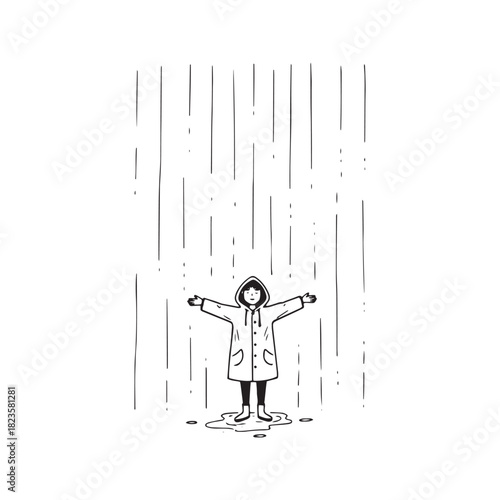 Minimalist hand-drawn illustration of a lonely person in a raincoat standing in the rain with arms outstretched. Simple black ink sketch on textured paper, symbolizing solitude and freedom.

