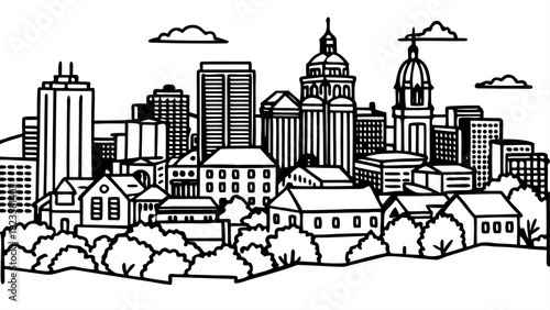 Very beautiful Lancaster City, Pennsylvania skyline in a soft tilt-shift aerial panorama, highlighting charming downtown architecture, compact urban blocks, and a gentle miniature-effect atmosphere in