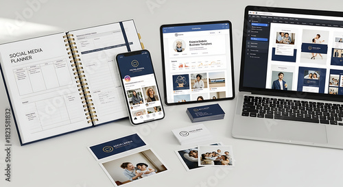 Collection of modern digital devices and printed materials displaying a consistent brand identity on a light surface