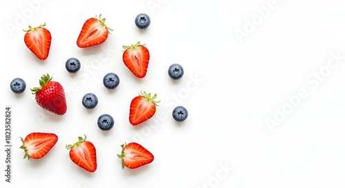 Fresh strawberries and blueberries scattered on a white background with copy space