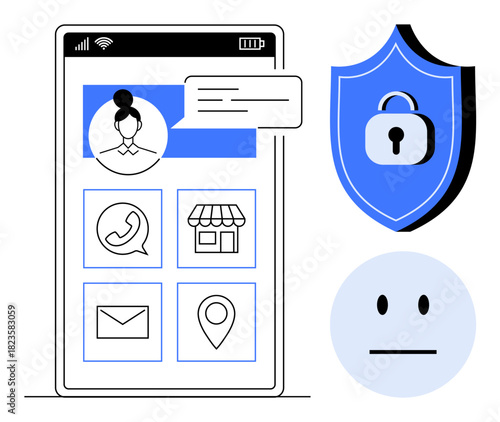 Smartphone screen with user profile, app icons, and chat bubbles next to secure shield and lock icon. Ideal for communication, security, user interface, privacy, technology, online safety digital