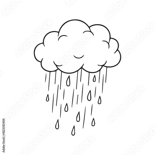 Hand-drawn rain cloud line art. Simple black and white doodle of falling raindrops. Weather vector illustration isolated on white background.
