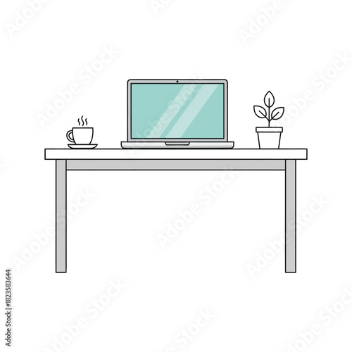 Minimalist workspace with a laptop, a hot coffee cup, and a small plant on a wooden table, on