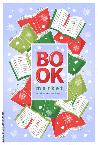 Background for Book market, bookstore, library, sale in bookshop.   Books with winter decor, snow and snowflakes. Vector illustration.