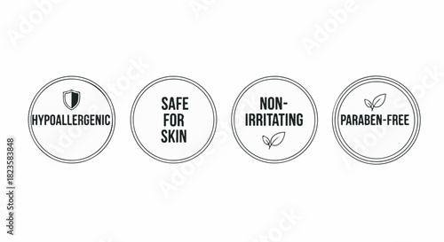 Hypoallergenic, Safe for Skin, Non-Irritating, and Paraben-Free cosmetic icons isolated on white background