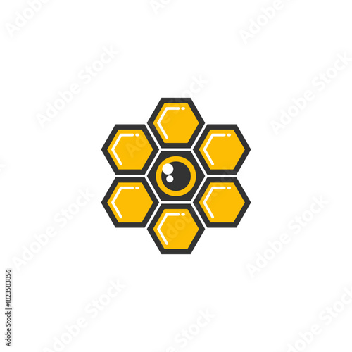 Vector graphic of a yellow honeycomb structure with a central eye, symbolizing community vision and modern surveillance technology