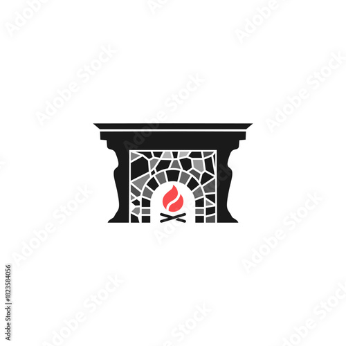 A simple vector icon of a classic stone fireplace with a burning fire, representing home comfort and warmth