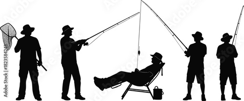 Fishing Silhouette Vector Set: Men Casting, Catching, Relaxing, and Holding Equipment, Ideal for Illustrating Outdoor Hobby, Leisure, Sport, and Recreation.