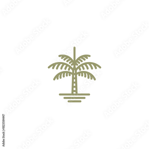 Minimalist line art icon of a coconut palm tree on a small island. A simple logo symbolizing a tropical summer vacation, exotic travel, and nature