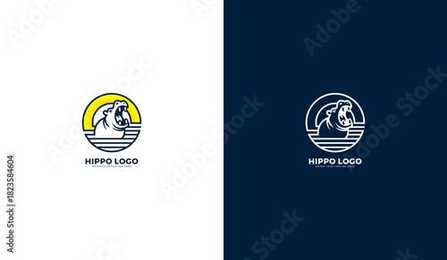 Hippo logo in water, hippo icon in river water. Illustration design template featuring a hippo, river, and sun