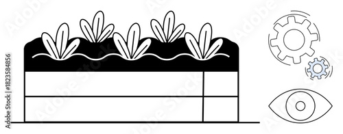 Garden bed with plants, layered soil profile, gear icons hinting functionality, eye for observation. Ideal for agriculture, sustainability, technology, innovation, ecosystems organic farming