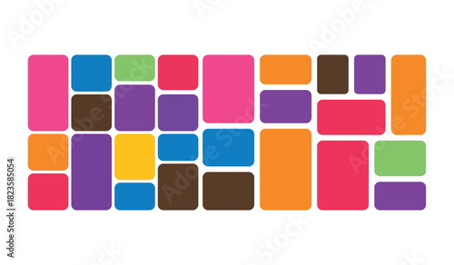 A vibrant, modern abstract geometric pattern. It showcases a collage of diverse, brightly colored, rounded rectangles neatly arranged. Ideal for digital projects.