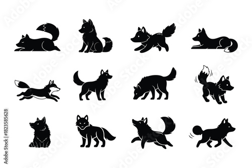 A collection of black wild dog silhouettes showing various action poses and behaviors