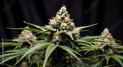 Closeup of a mature cannabis plant bud, showcasing its trichomes and pistils, with a dark background emphasizing the detail and quality of the marijuana flower