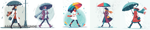 vector of woman walking with umbrella in the rain