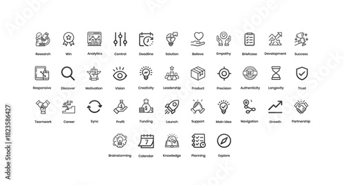 Set of Line Icons for Business, Strategy, and Development Vector.