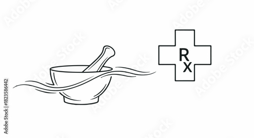 Pharmacy compounding mortar and pestle vector icon with RX cross symbol on white background.