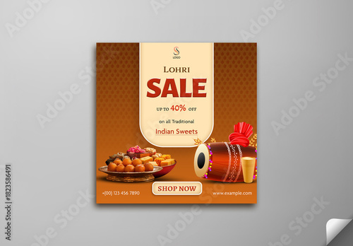 Editable Lohri Festival Sale Social Media Post with Festive Elements and Forty Percent Discount Offer in Brown Color Theme Design.