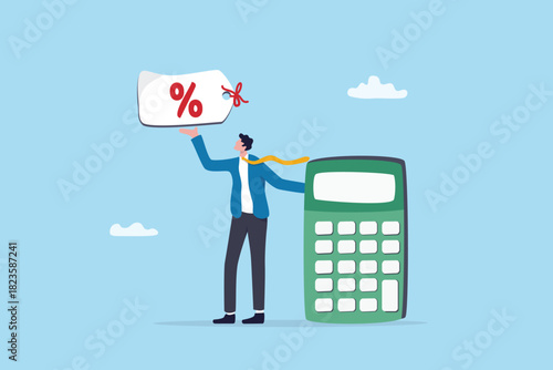 Price discount calculation, offer sale percentage promotion, marketing or advertising value, bargain deal commercial, special price, man with bargain percent discount price tag with calculator.