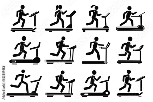 Silhouette of a Person Running on a Flat-Platform Treadmill in Minimal Vector Style Collection