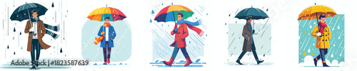 vector of man walking with umbrella in the rain