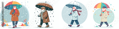vector of grandfather walking with umbrella in the rain