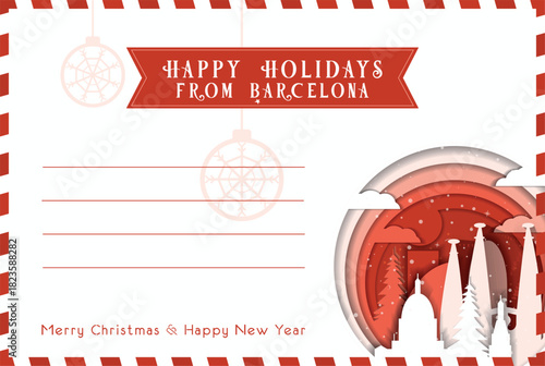 From Barcelona Happy Winter Holidays postal card template. Vector blank postcard illustration for Christmas, New Year celebration with landmarks, message space layout