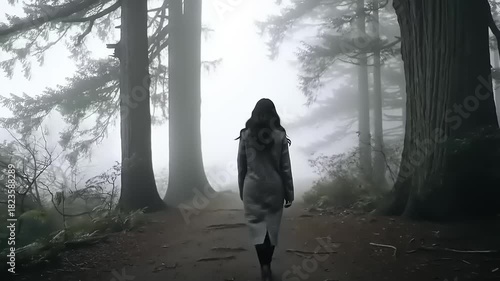 Woman walking foggy forest path.