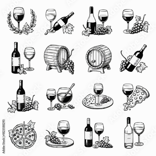 Vintage Wine Vector Collection: Bottles, Glasses, Barrels, Grapes, Cheese, and Pizza Graphics