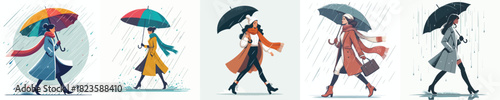 vector of woman walking with umbrella in the rain