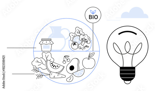Fresh vegetables, fruits, and bio products combined with a light bulb symbolizing innovation, sustainability, eco-friendliness, and organic solutions. Ideal for agriculture, healthy eating, green