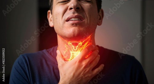 Man experiencing sore throat with red glowing esophagus and trachea representing pain. Concept of medical illustration for illness, health issues.