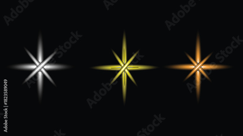 Three starbursts with varying colors illuminate a dark black background