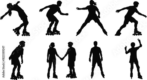 Inline Roller Skater Silhouette Vector Set, Capturing Dynamic Poses, Active People, and Couples Enjoying Urban Fitness, Sport, and Leisure Activities.