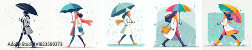 vector of woman walking with umbrella in the rain